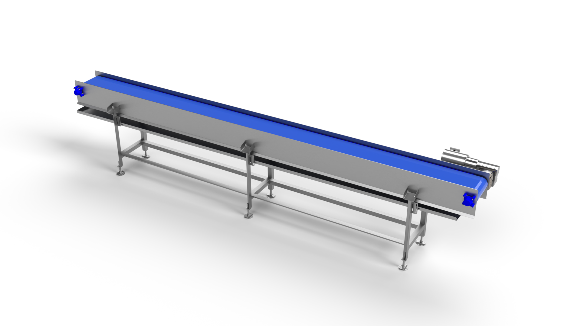 A conveyor belt with a blue belt on a white background.