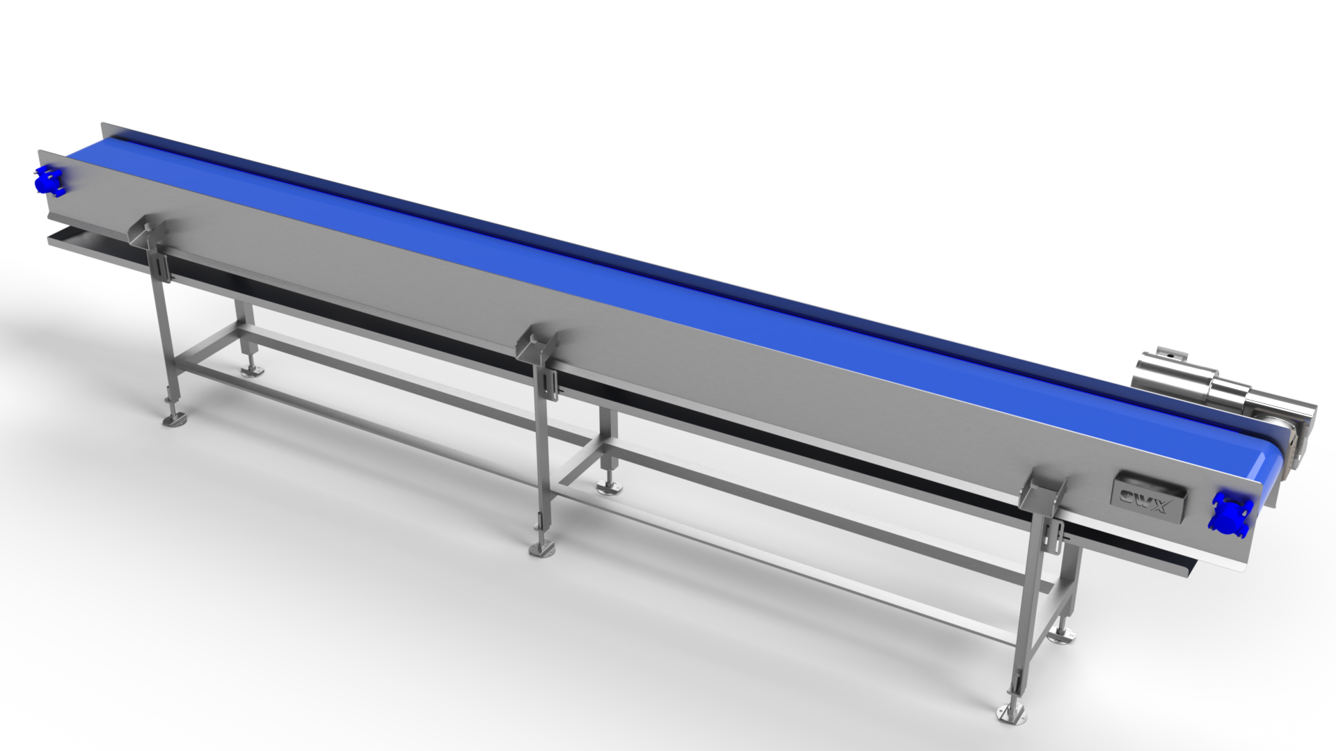 A conveyor belt with a blue belt is sitting on a white surface.
