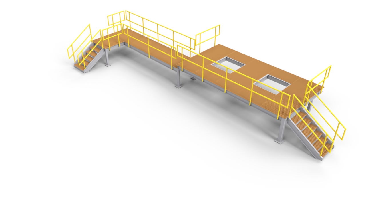 A 3d model of a wooden platform with stairs and a yellow railing.