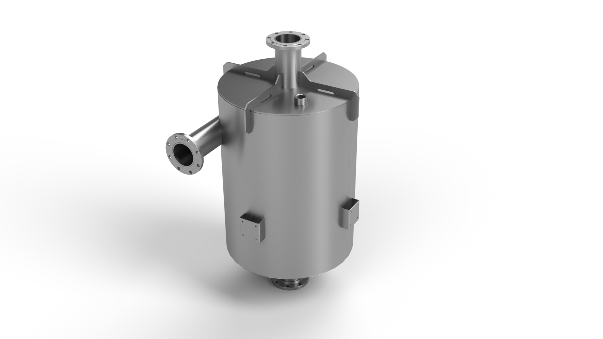 A stainless steel cylinder with a hose attached to it on a white background.