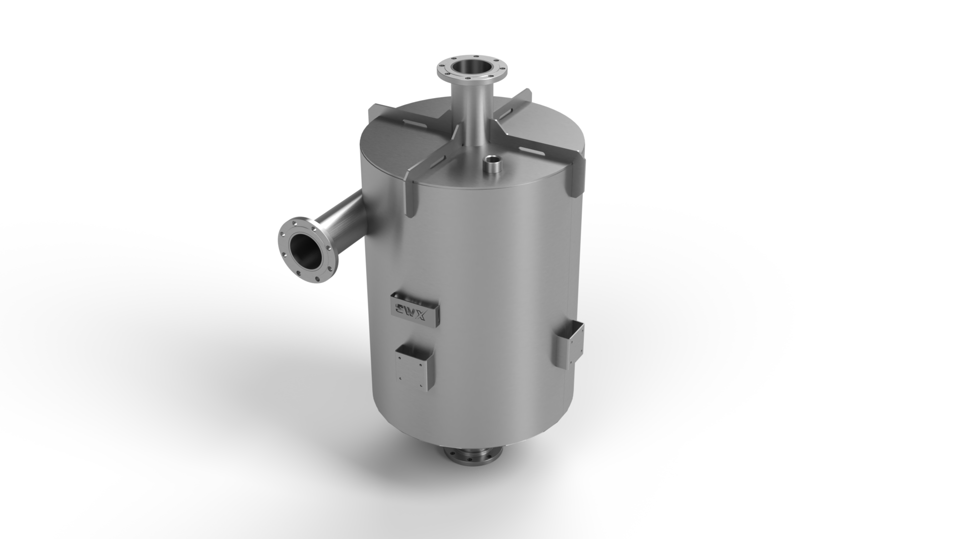 A stainless steel cylinder with a hose attached to it on a white surface.