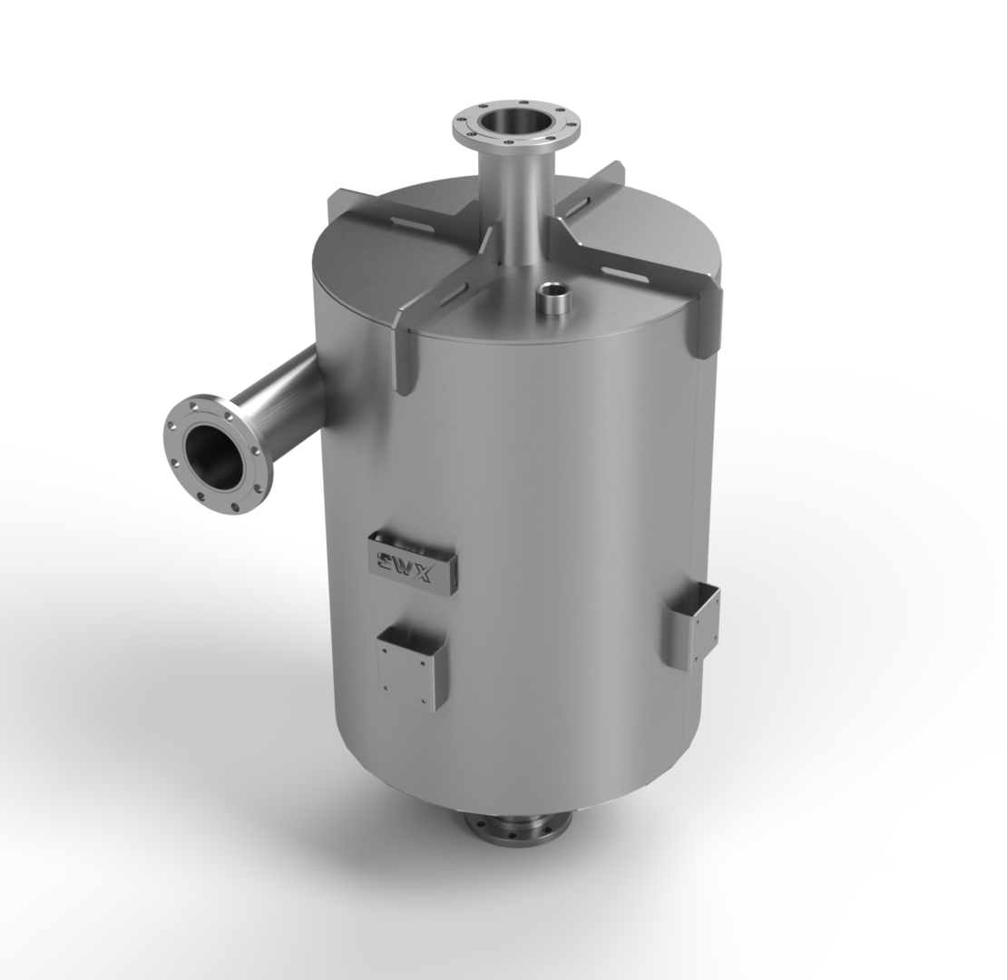 A stainless steel tank with a hose attached to it.