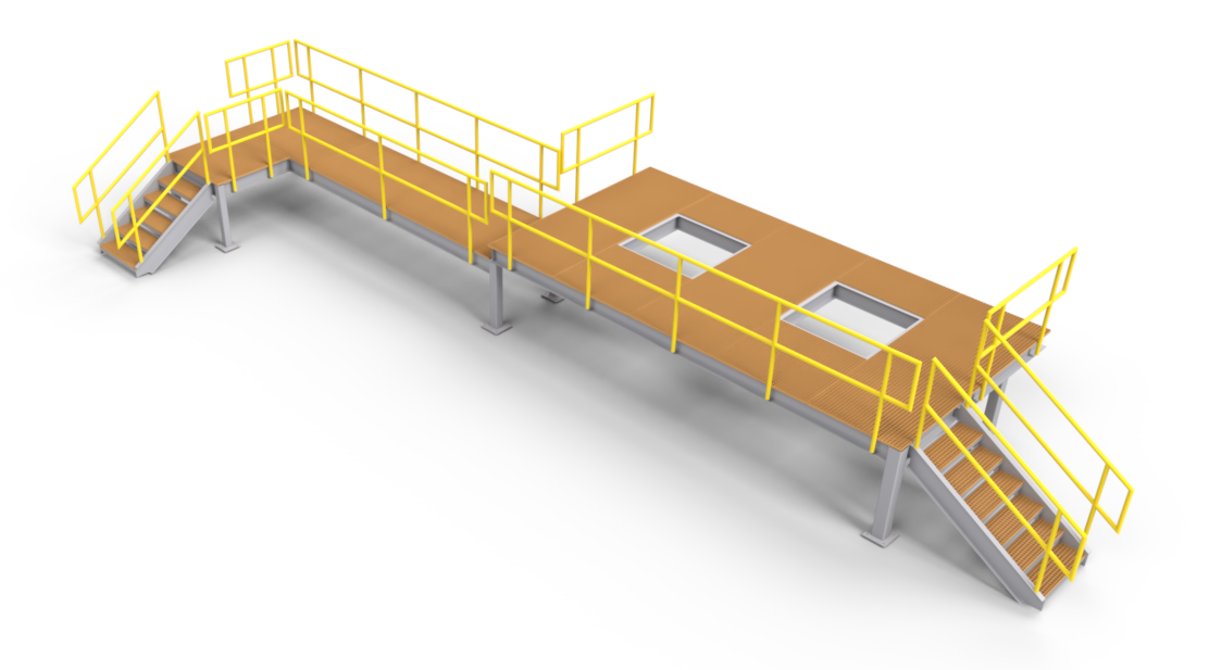 A wooden platform with stairs and a yellow railing on a white background.