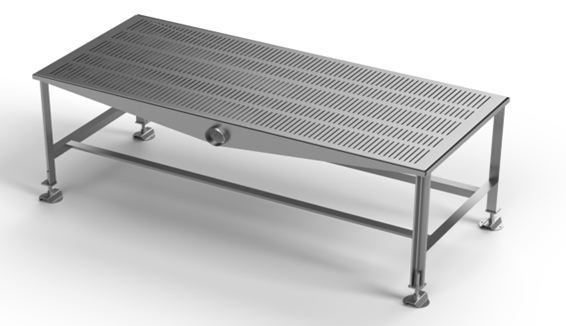 A stainless steel table with holes in it on a white background.