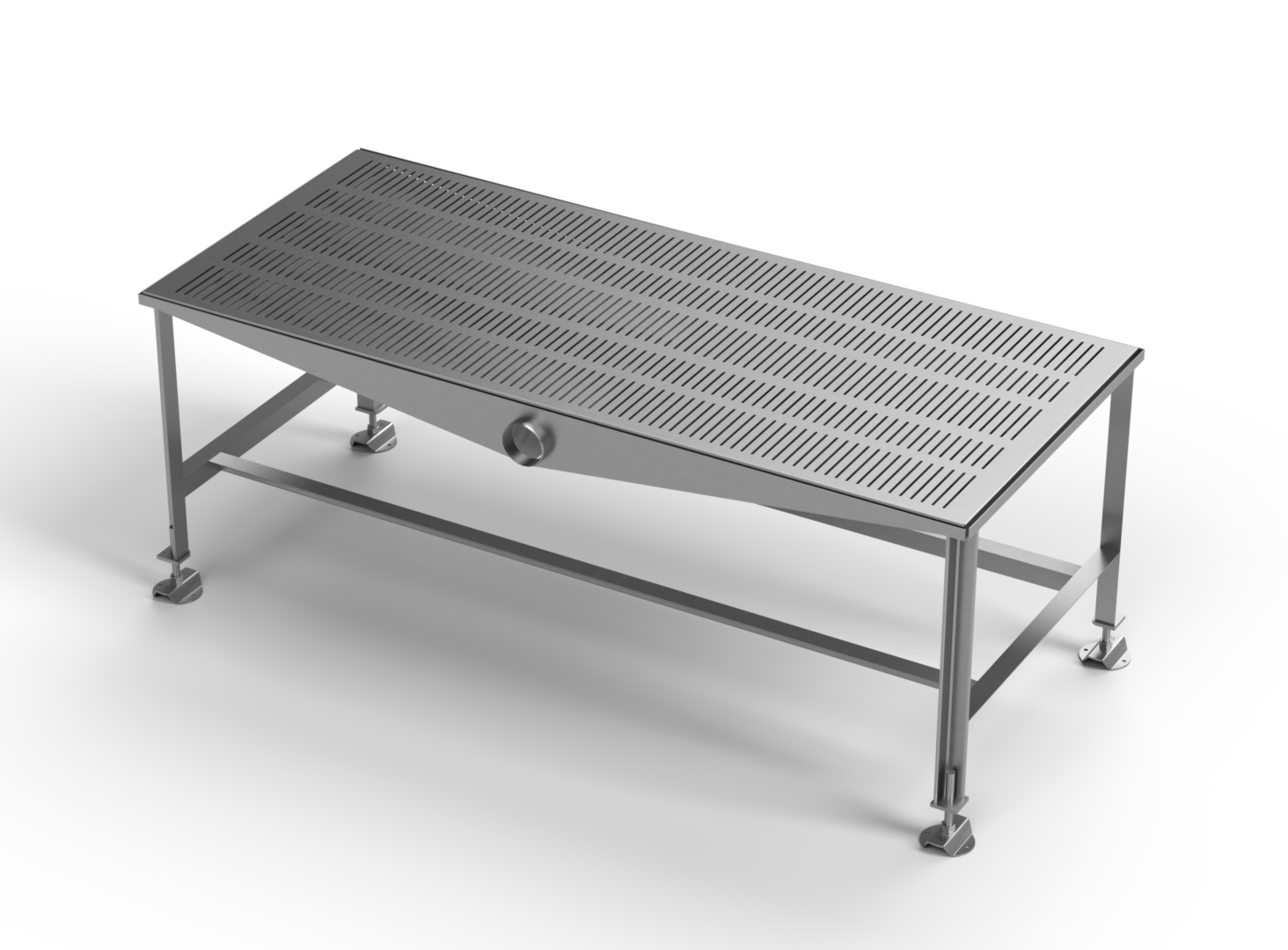 A stainless steel table with holes in it on a white background.