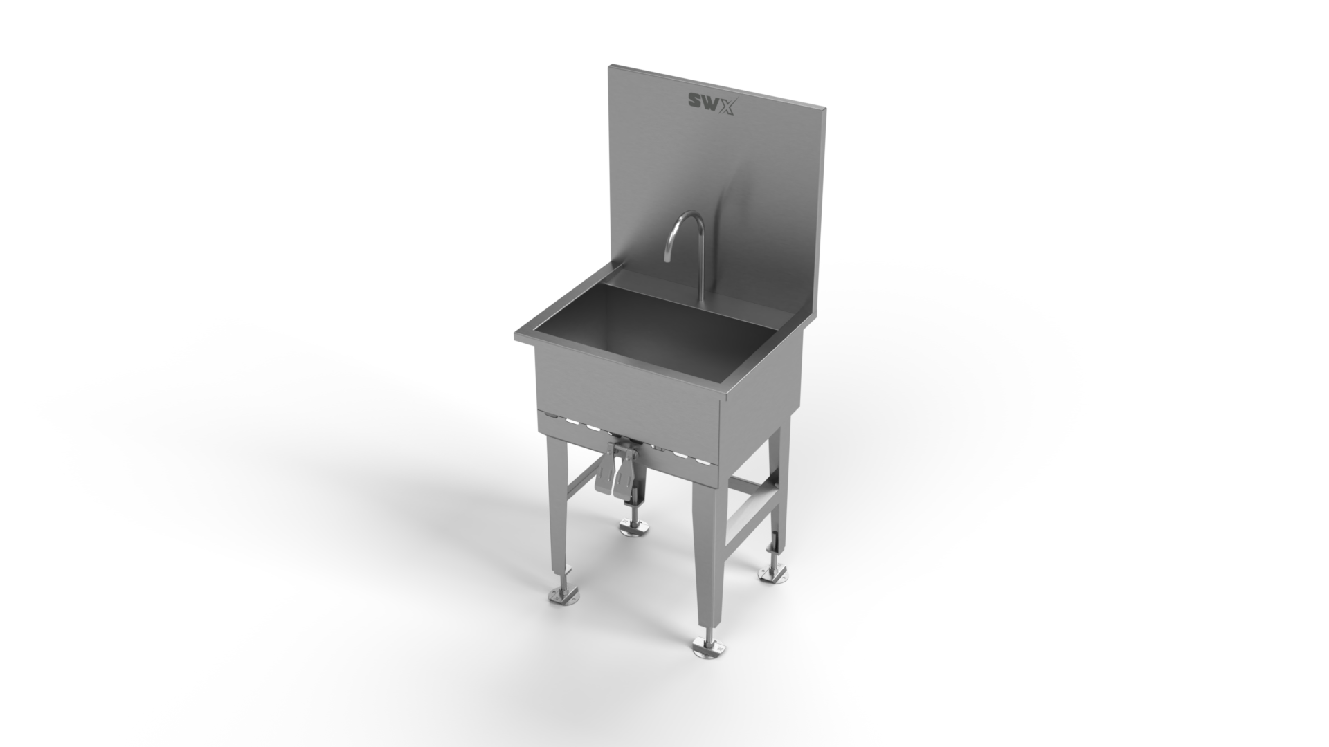 A stainless steel sink with a faucet on a white background.