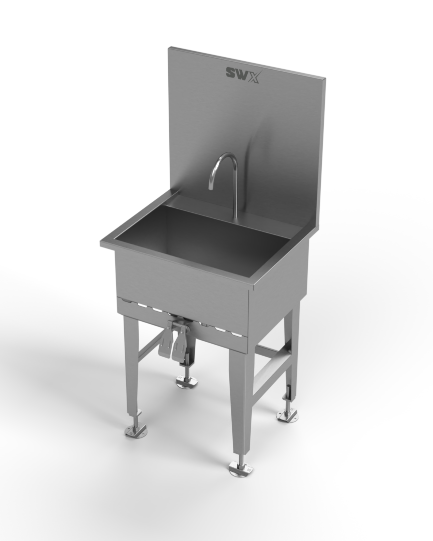 A stainless steel sink with a faucet on a white background.