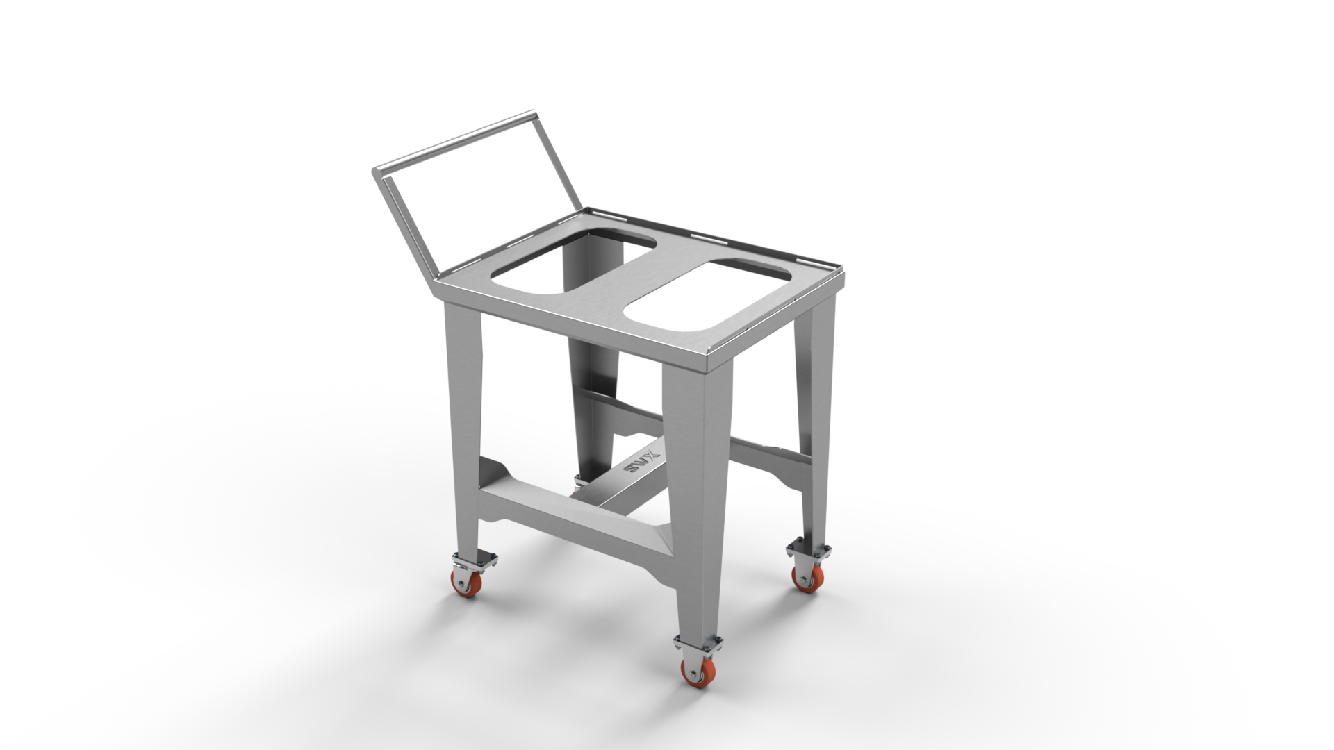 A stainless steel cart with wheels and a handle on a white background.