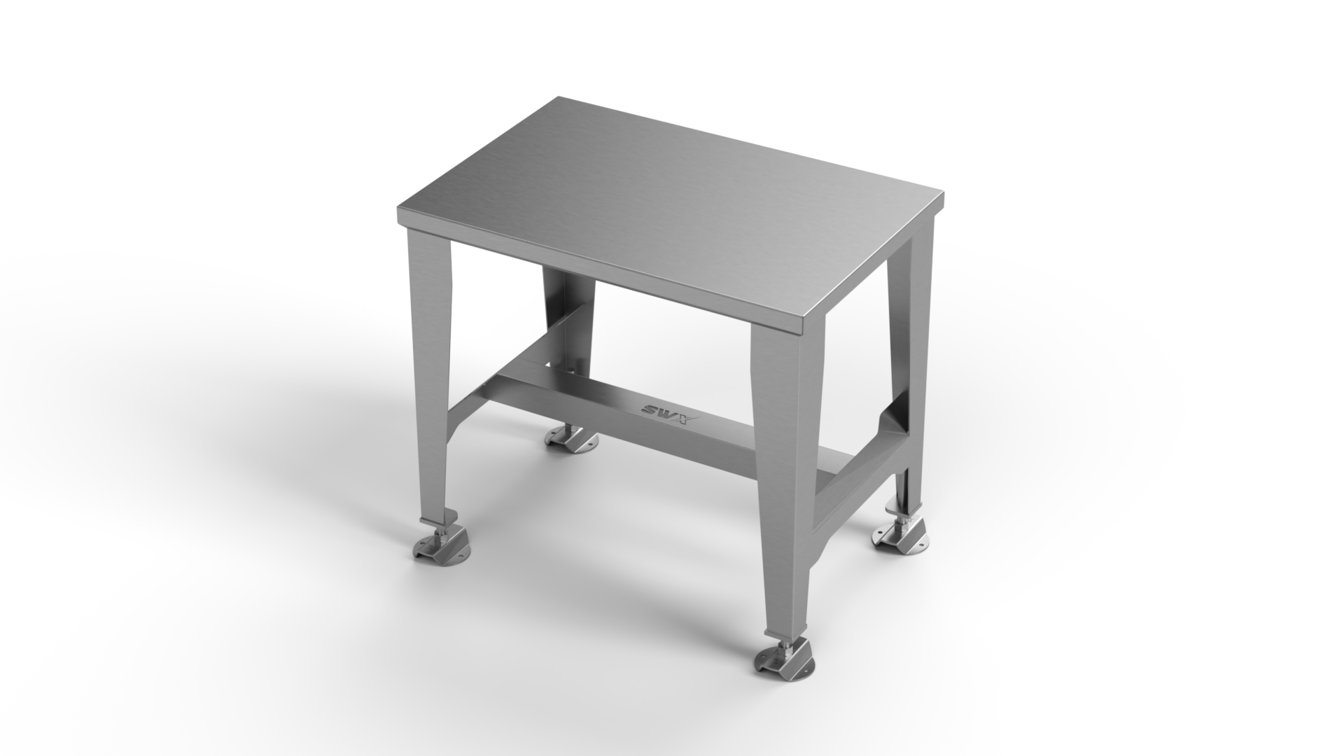 A stainless steel table with wheels on a white background.