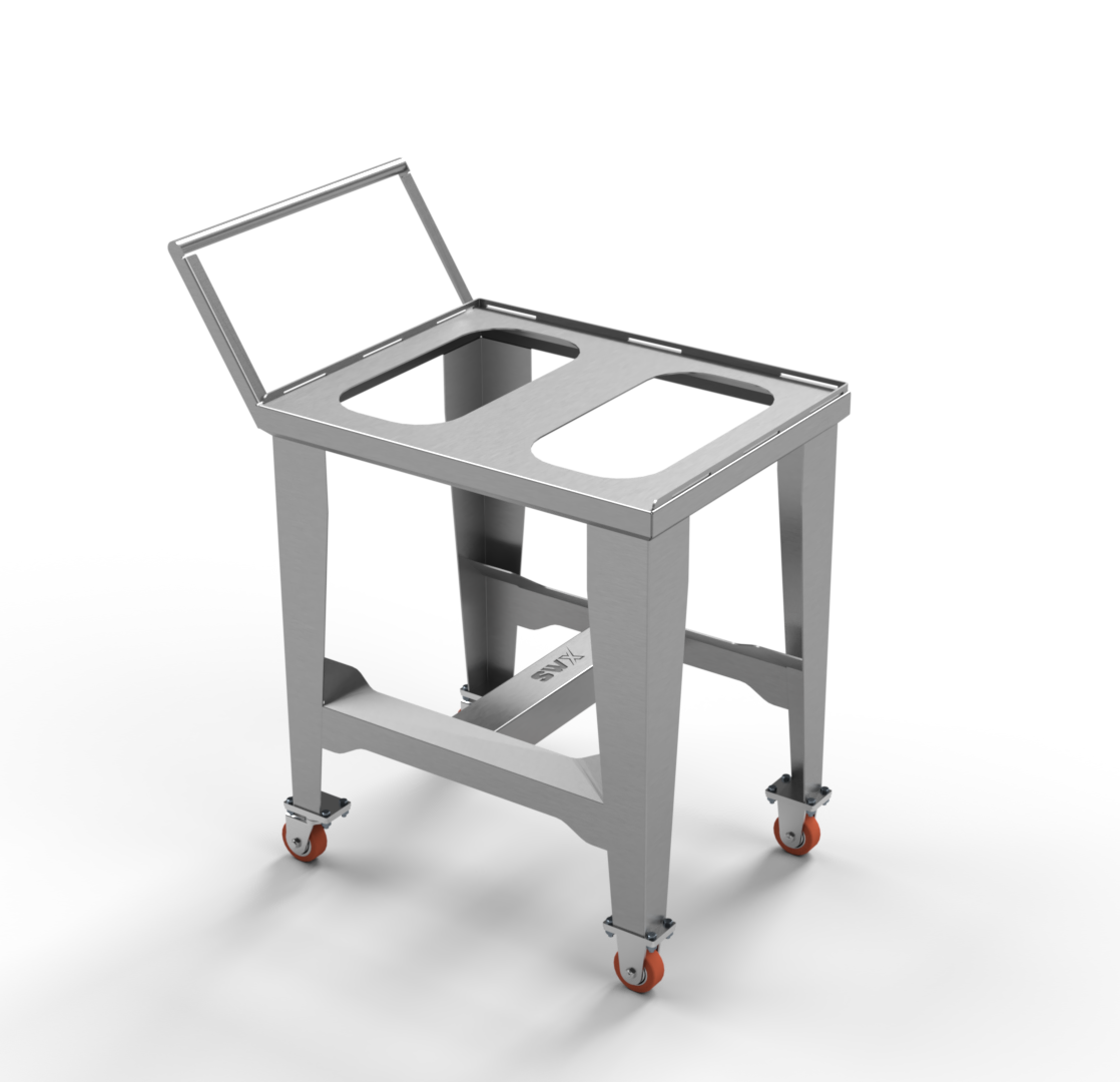 A stainless steel cart with wheels and a handle on a white background.