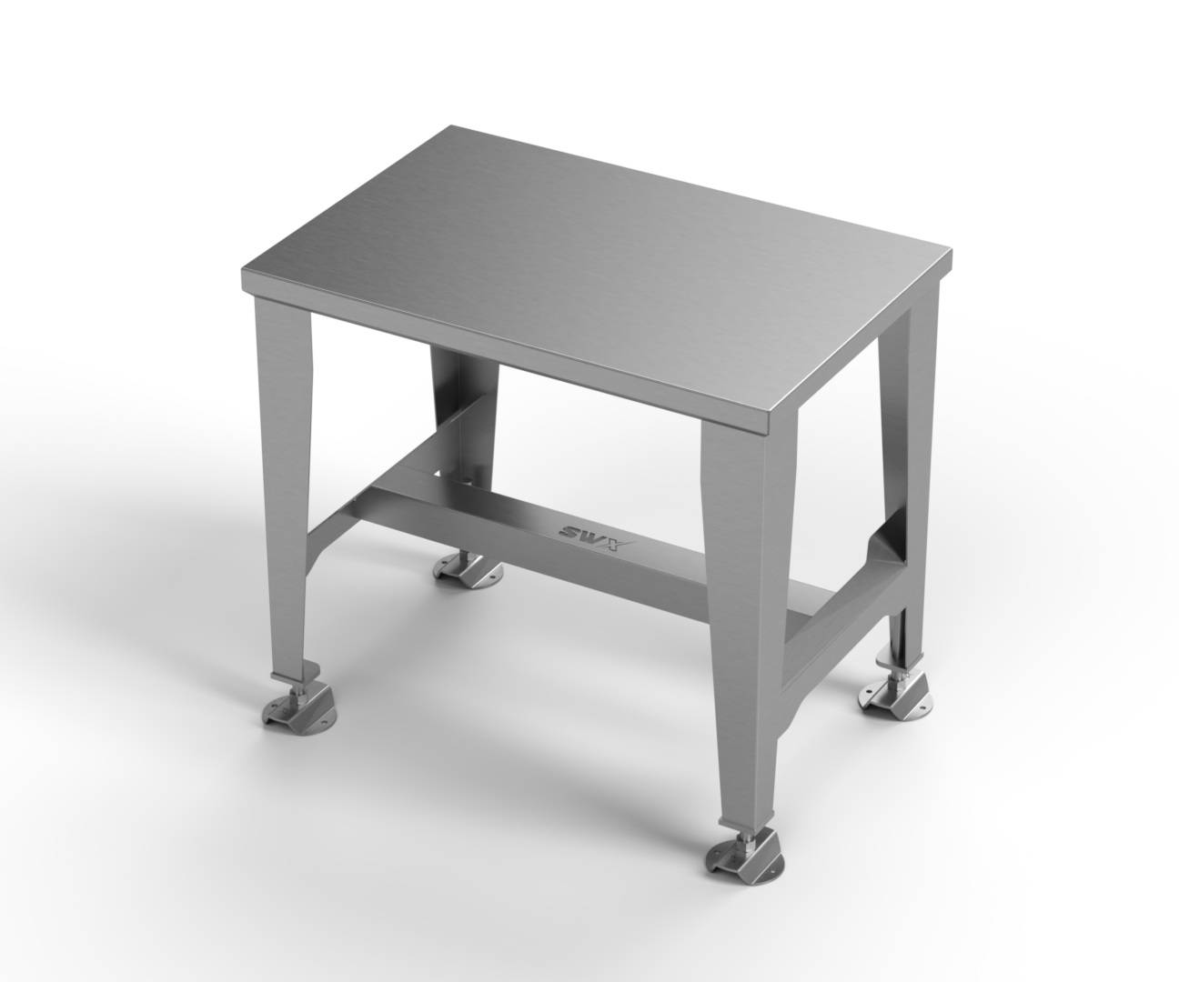 A stainless steel table with wheels on a white background