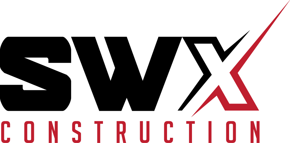 The logo for swx construction is black and red with a red arrow.