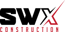 The logo for swx construction is black and red with a red arrow.