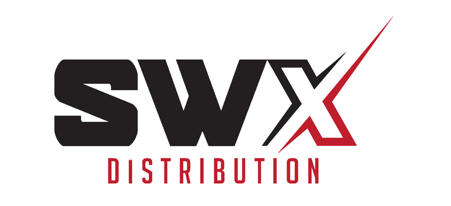 The logo for swx distribution is black and red.