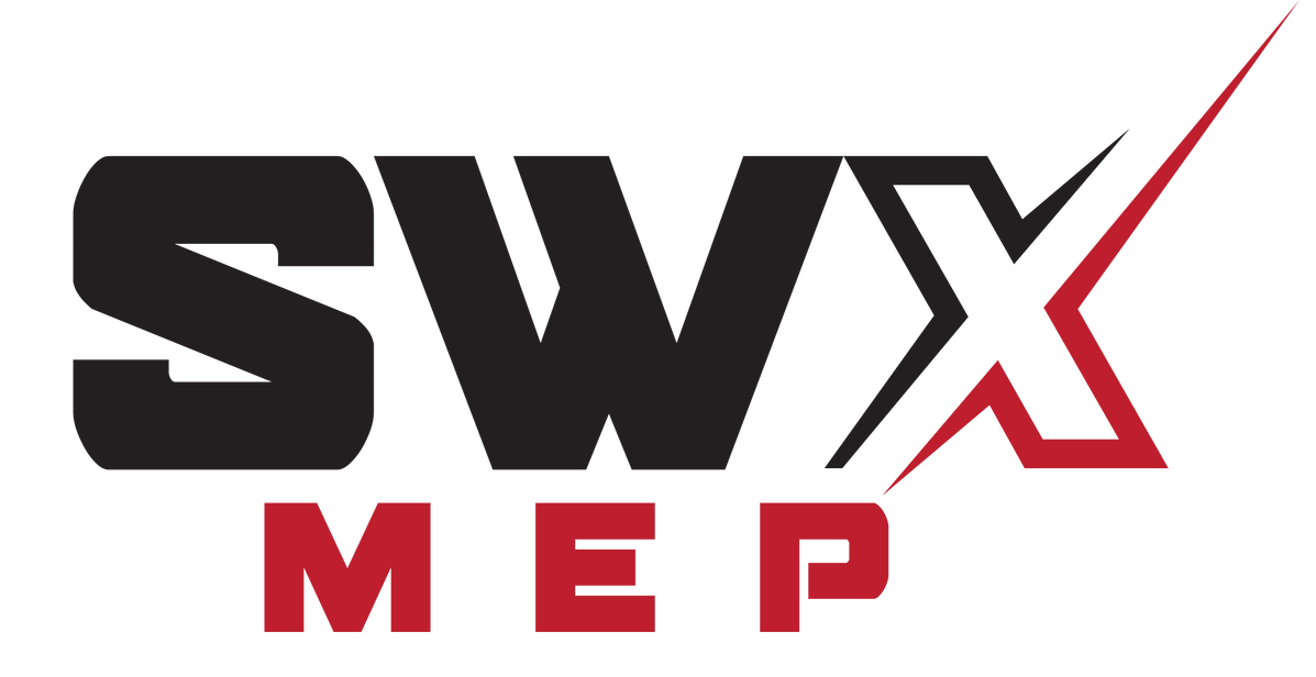 A black and red logo for swx mep
