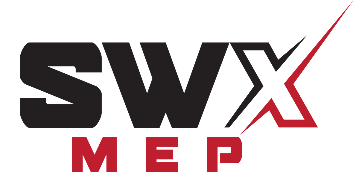 A black and red logo for swx mep