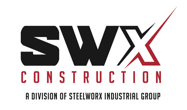 The logo for swx construction is a division of steelwork industrial group