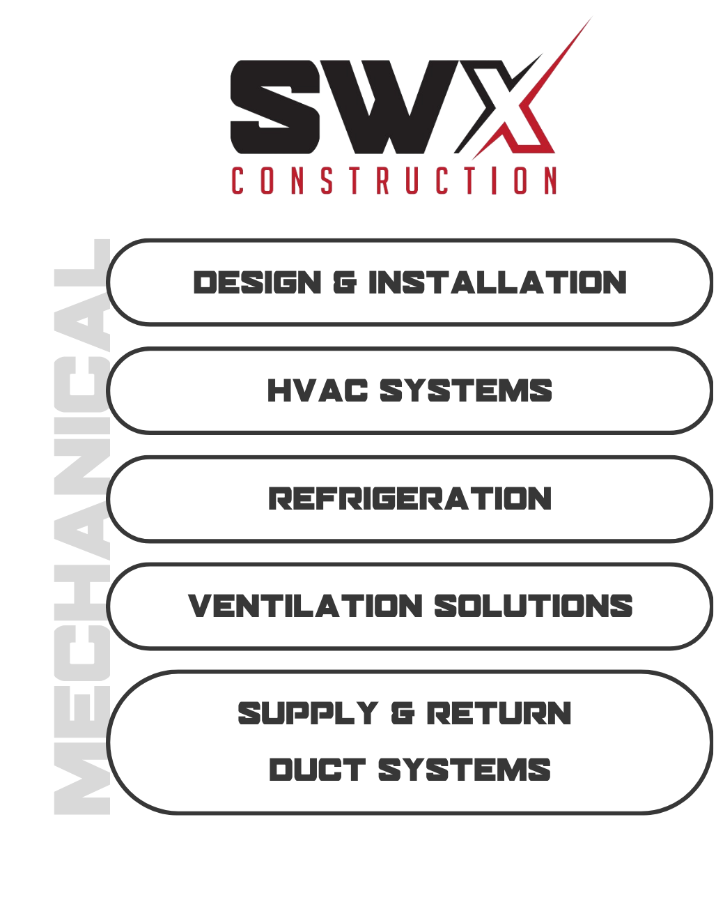 A brochure for swx construction shows their mechanical services