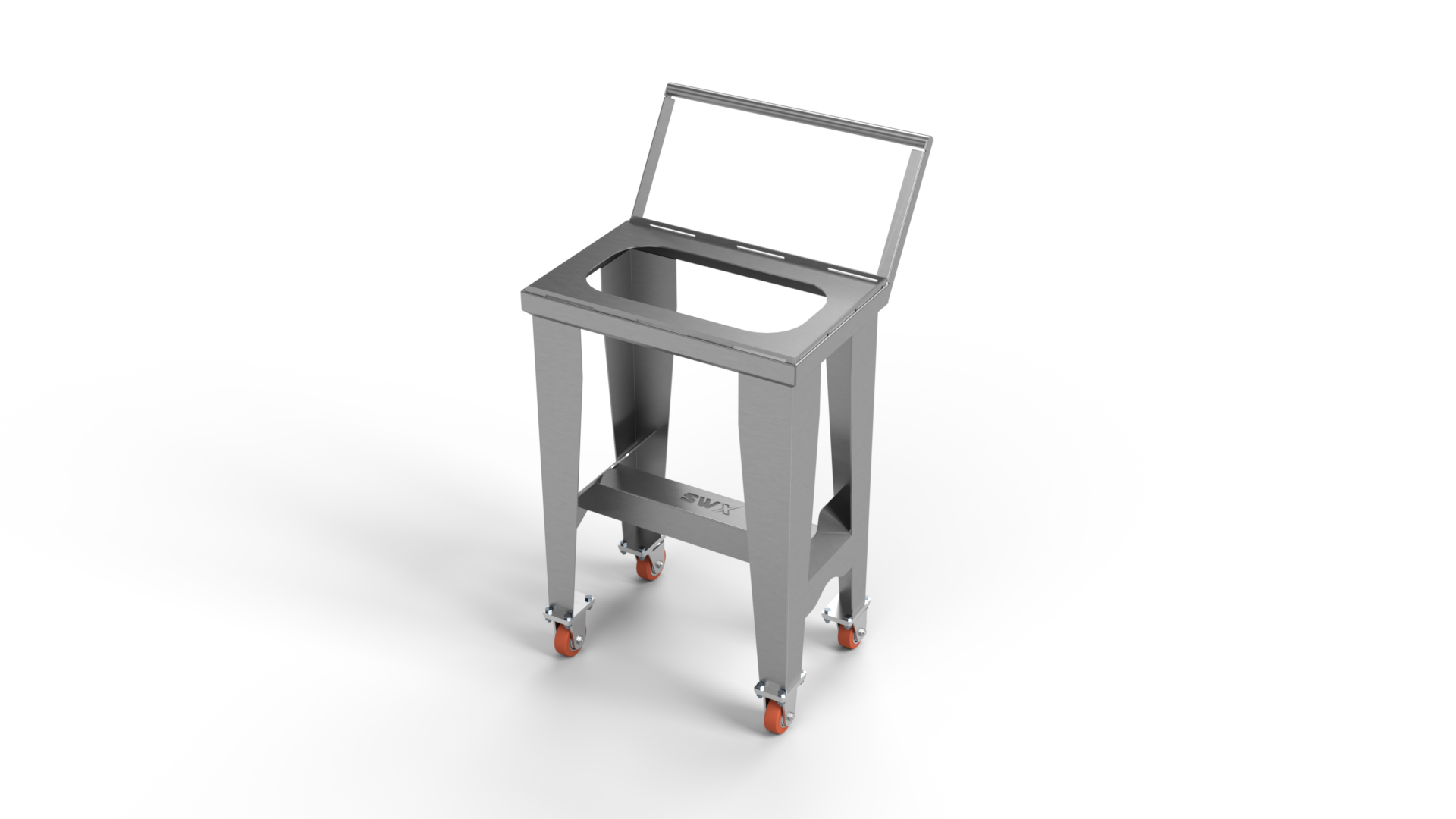 A stainless steel table with wheels and a lid on a white background.