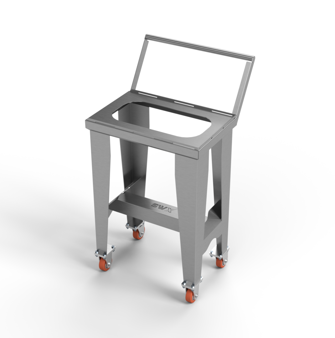 A stainless steel table with wheels and a lid on a white background.
