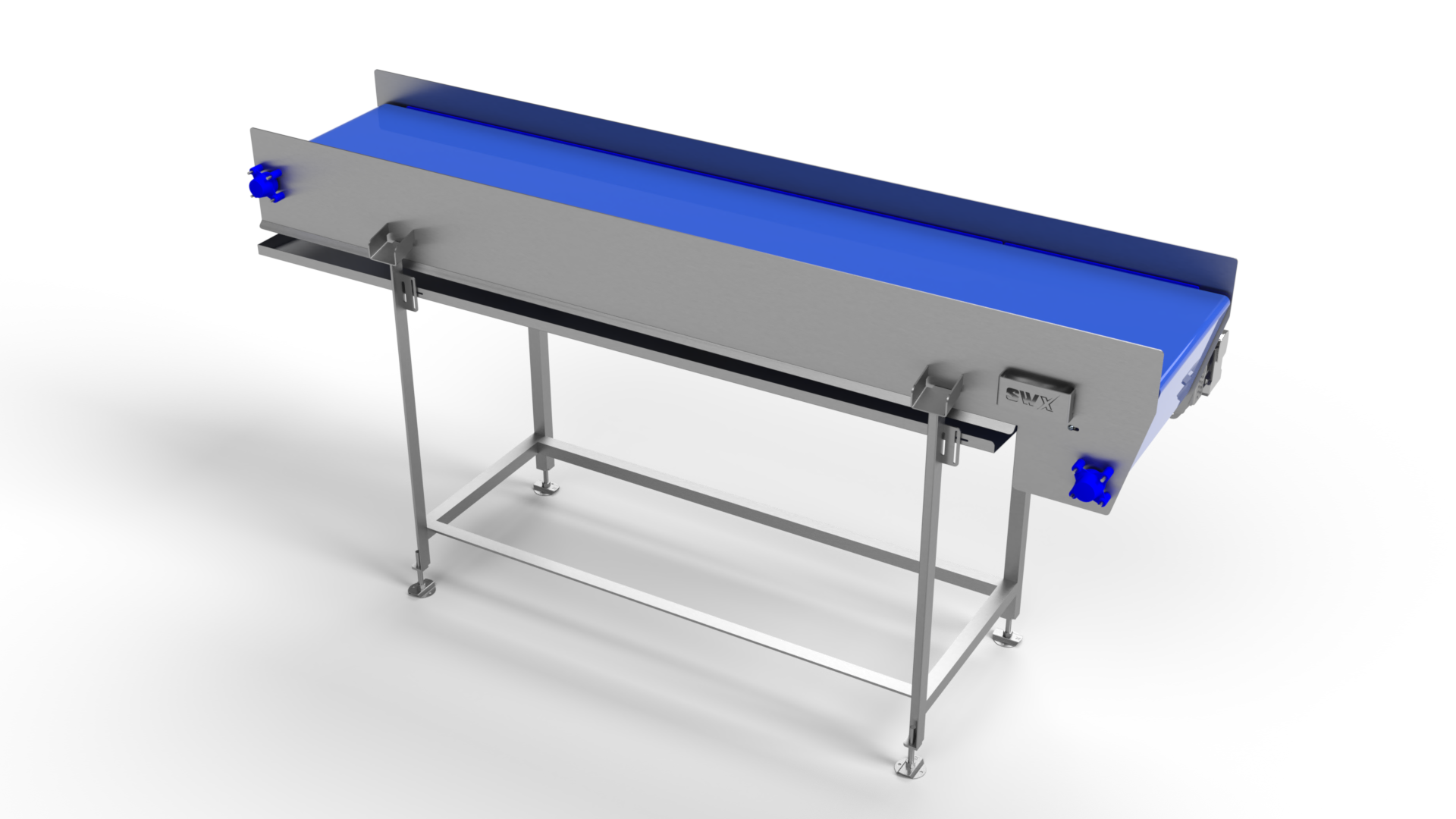 A conveyor belt with a blue belt and a stainless steel frame on a white background.