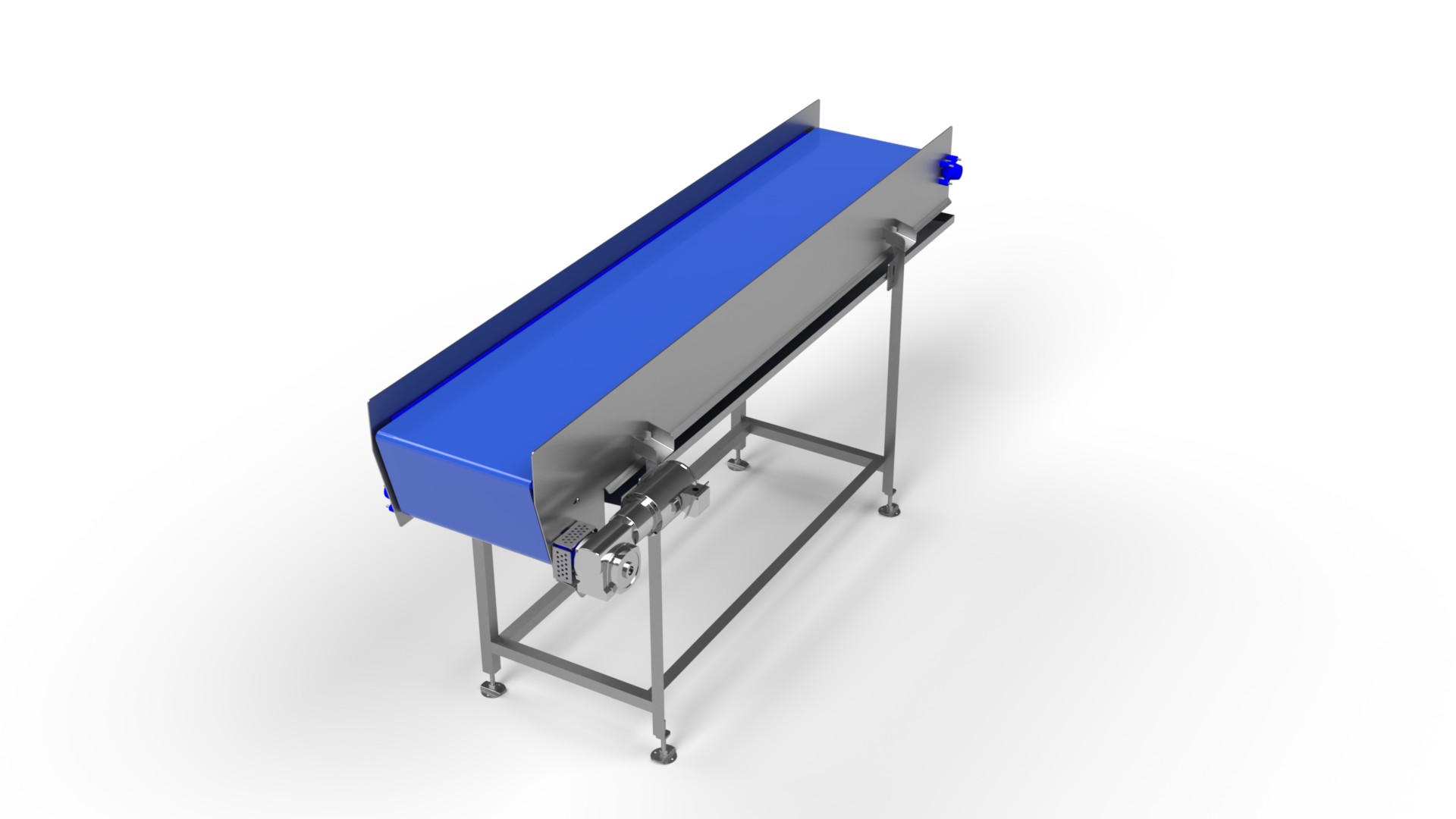 A conveyor belt with a blue belt and a stainless steel frame on a white background.