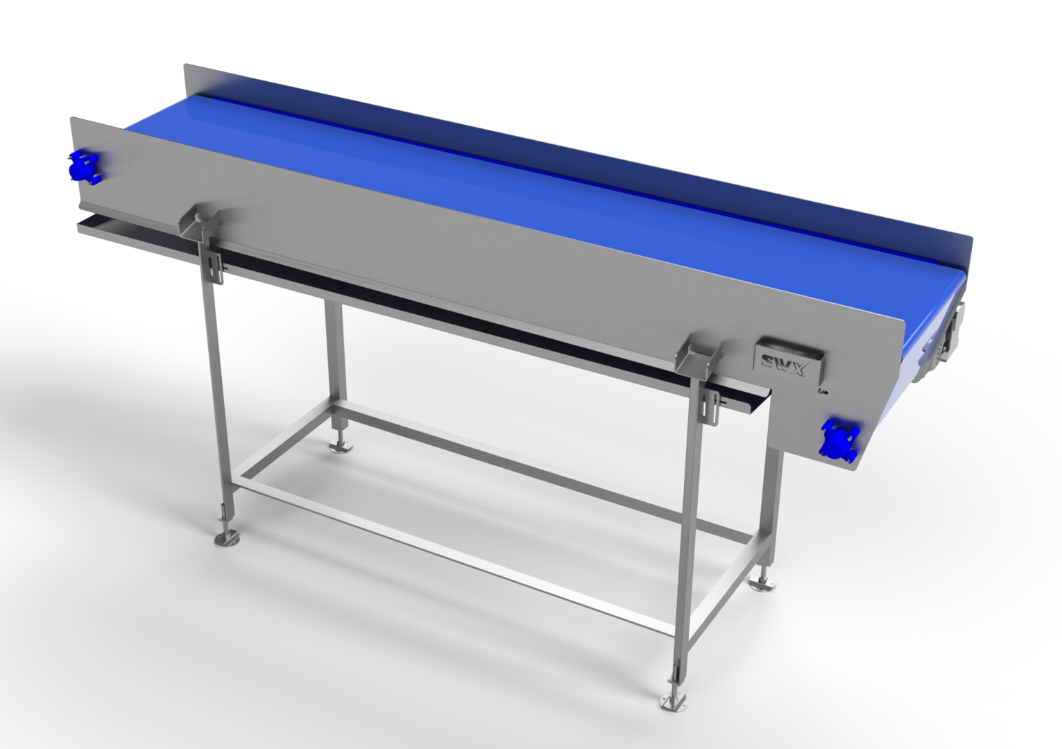 A conveyor belt with a blue belt and a stainless steel frame on a white background.