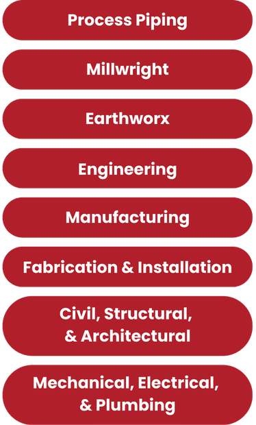Self-Performed Subcontracting Capabilities for Industrial and Commercial Construction: Process Piping, Millwright, Earthworx, Engineering, Manufacturing, Fabrication & Installation, CSA Civil, Structural, Architectural, MEP Mechancial, Electrical, Plumbing