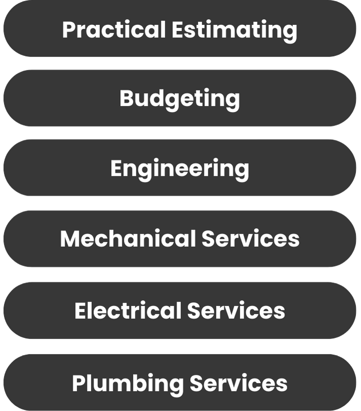 A graphic showing practical estimating , budgeting , engineering , mechanical services , electrical services and plumbing services.