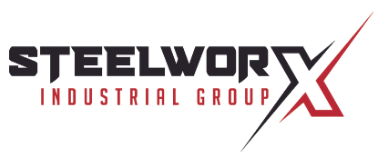 The logo for steelwork industrial group is black and red