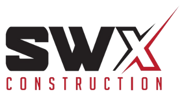 A black and red logo for swx construction