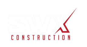 A logo for a construction company with a red arrow
