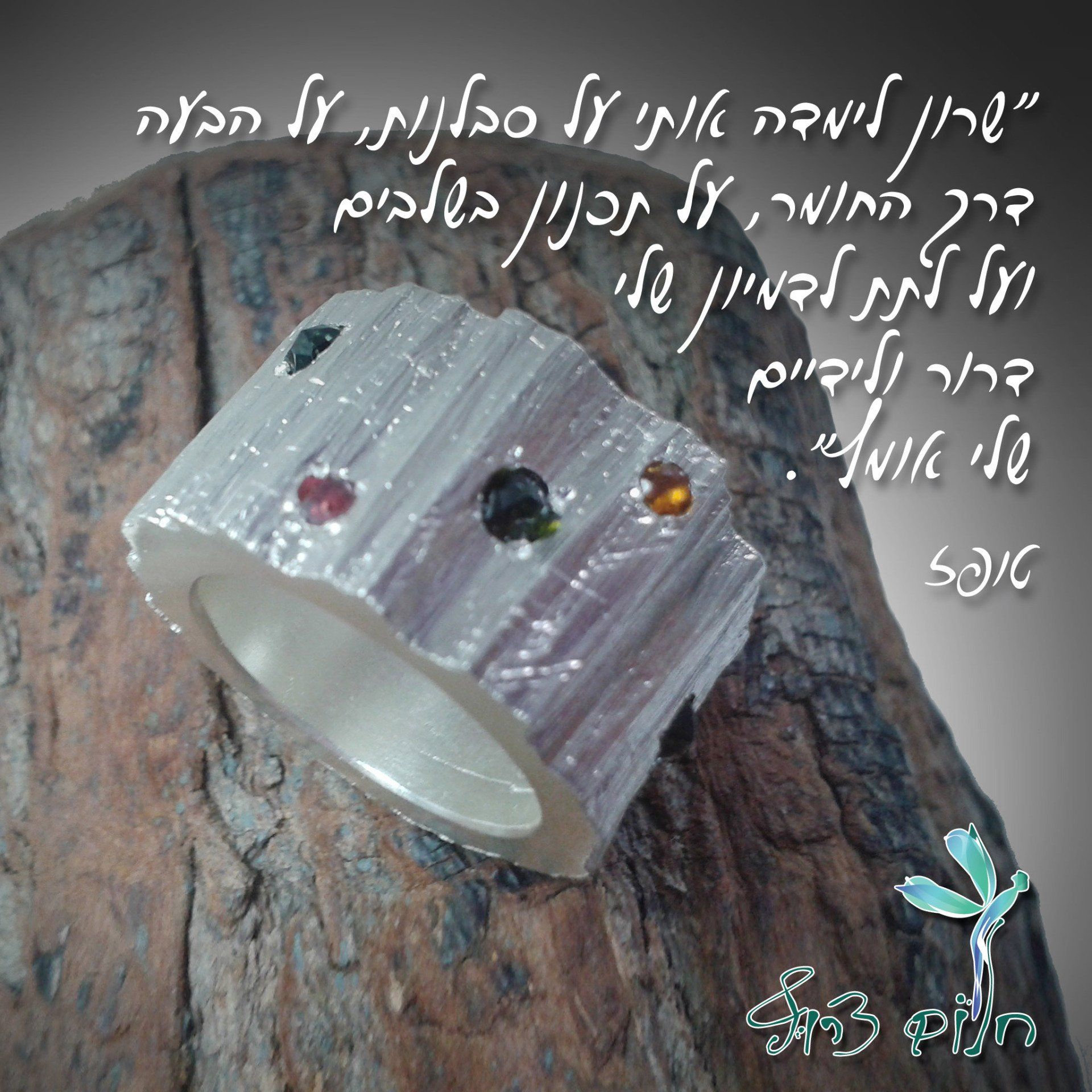 טבעת כסף יושבת על פיסת עץ