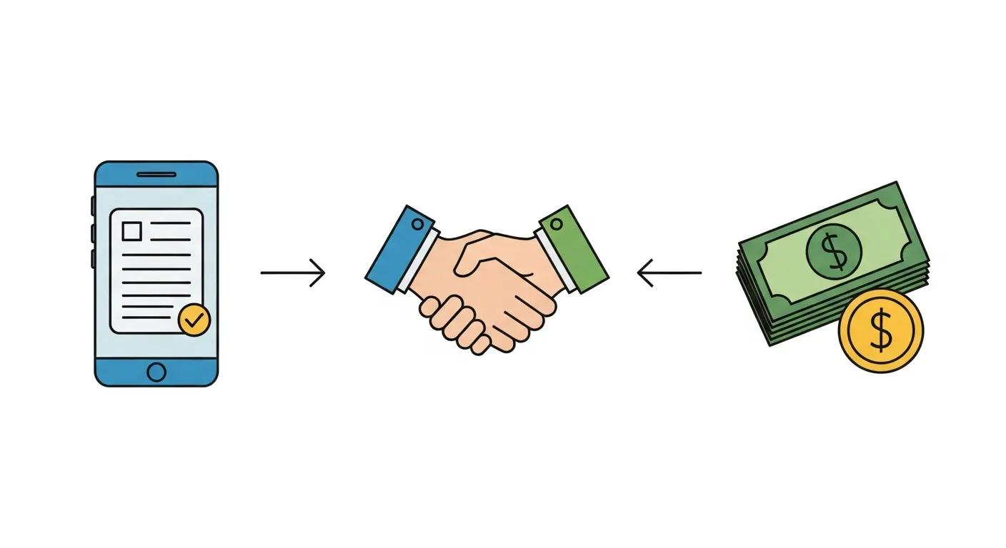 Mobile payment handshake with cash and smartphone icons