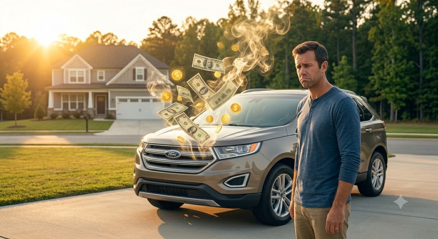 Man standing beside a gray SUV in a suburban driveway as money bursts from the hood at sunset