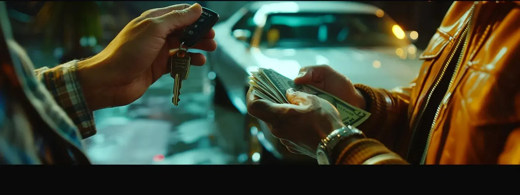 A man is giving a car key to another man while holding a bunch of money.