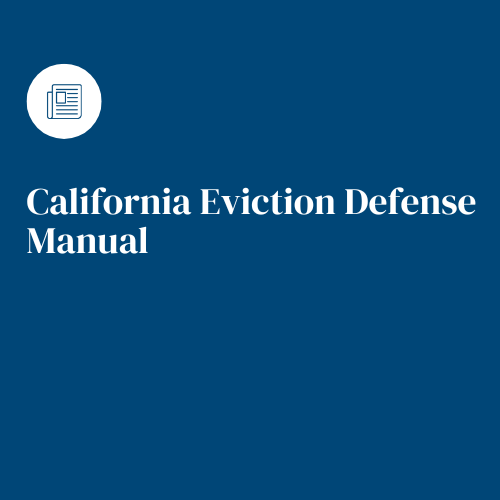 California Eviction Defense Manual cover, blue background, white circular icon with a document symbol.