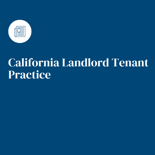 Text overlay: California Landlord Tenant Practice, blue background, document icon.