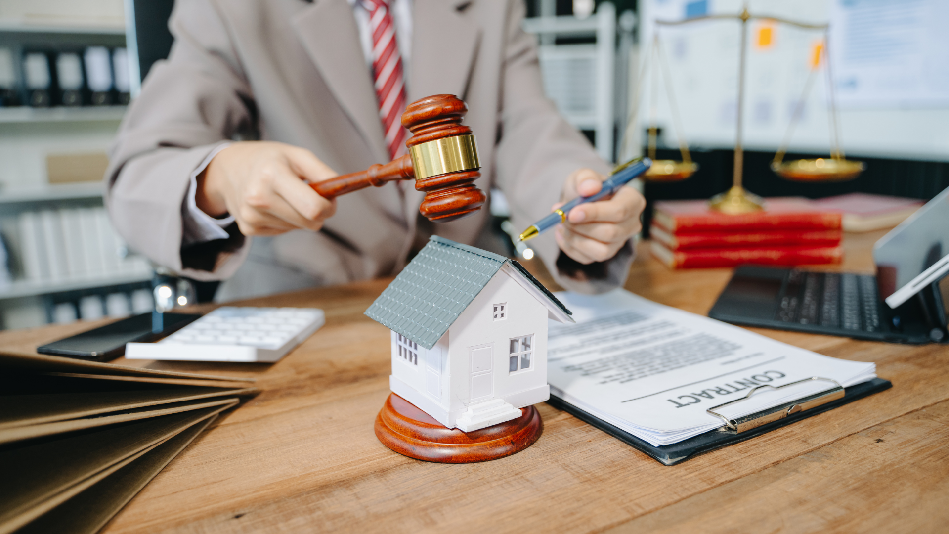 Person in suit uses gavel over a model house and a contract on a desk.