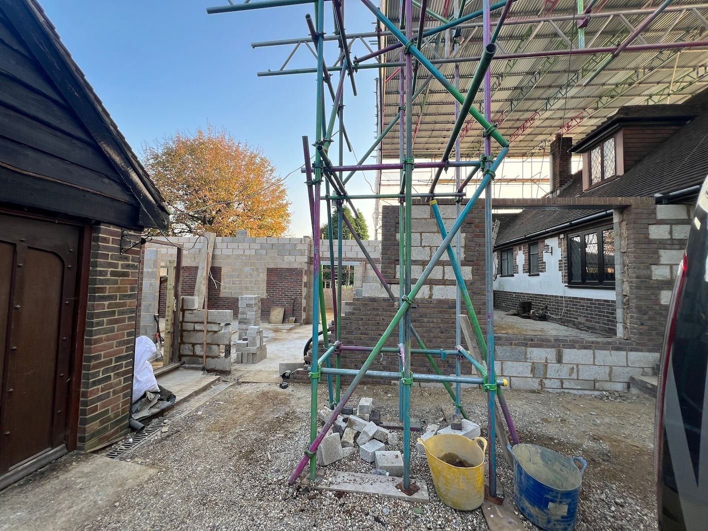 Large side extension to house with scaffold