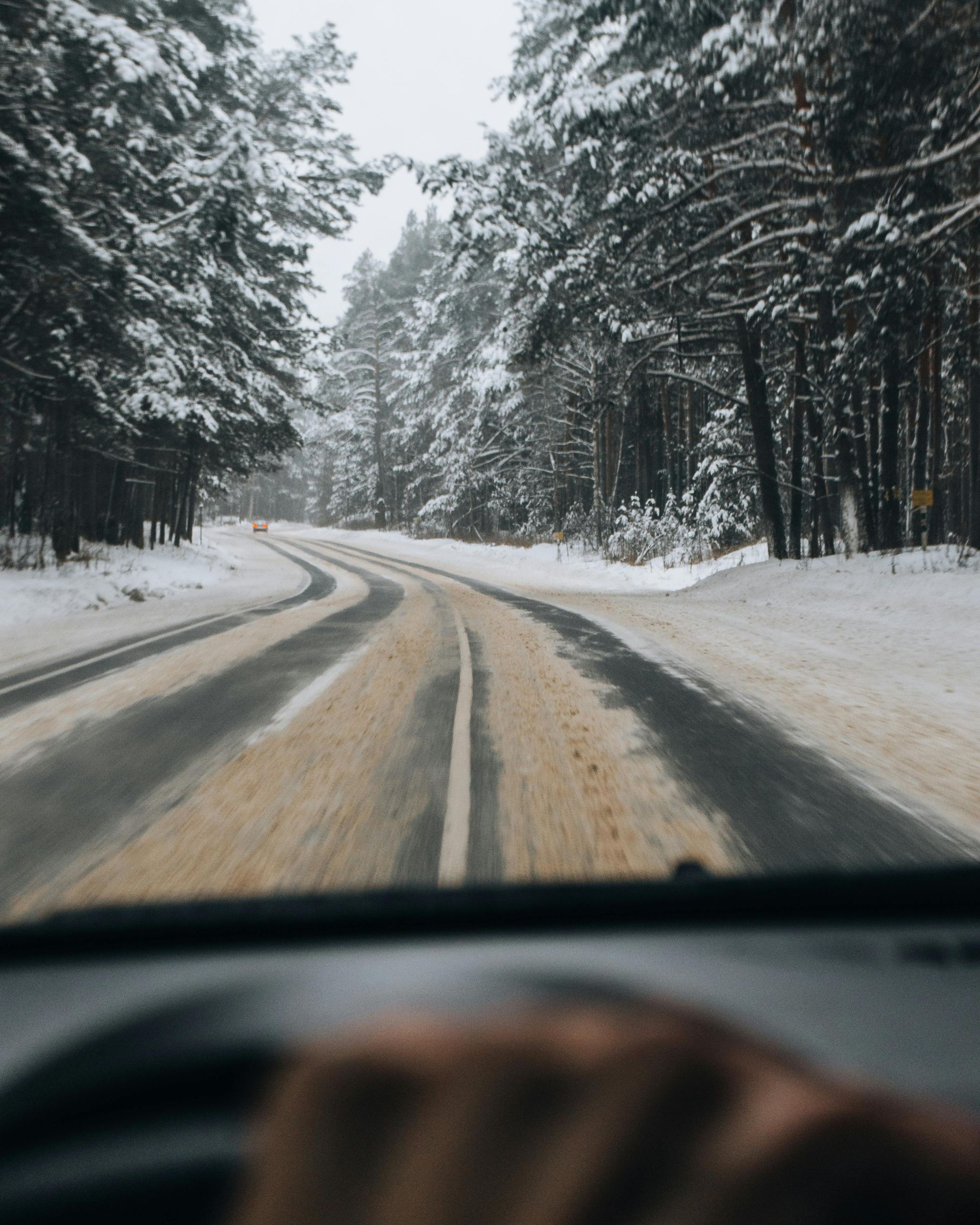 Snowy forest road curving ahead, viewed from inside a car