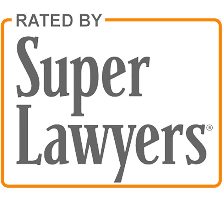 Rated by Super Lawyers logo in gray and orange border