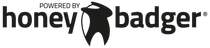 A black and white logo for honey badger powered by honey badger