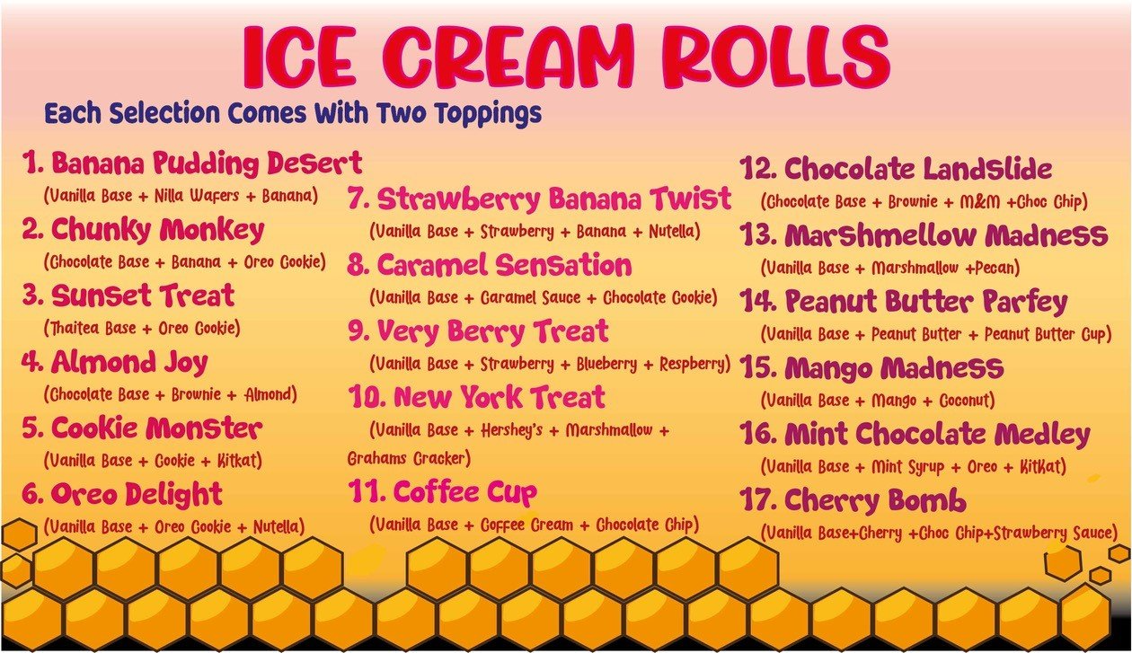 Snowcone Menu - Niceville, FL - Honeybee Ice Cream & Arcade