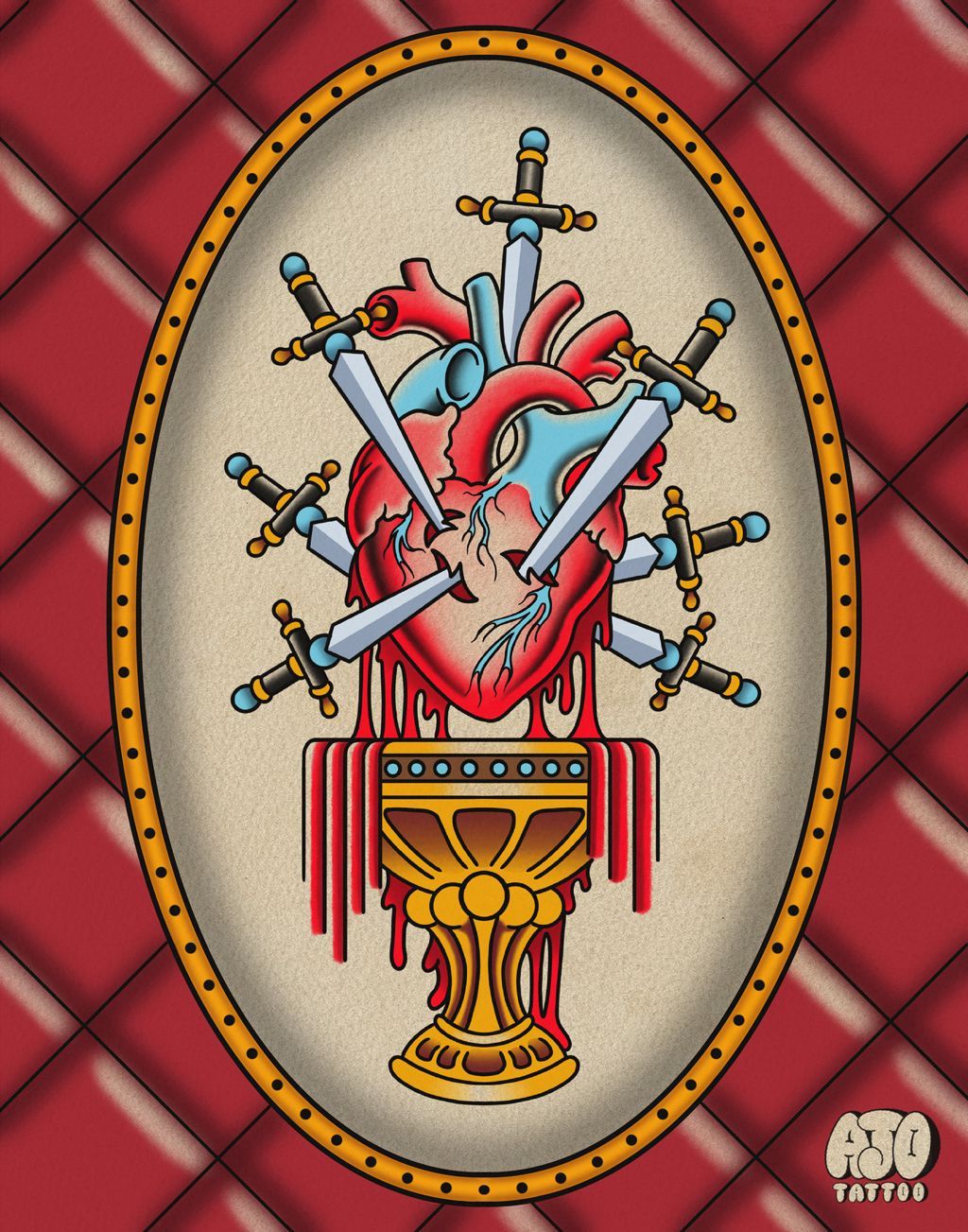 Anatomical heart pierced by multiple swords, displayed on a pedestal inside an oval frame on a red diamond background
