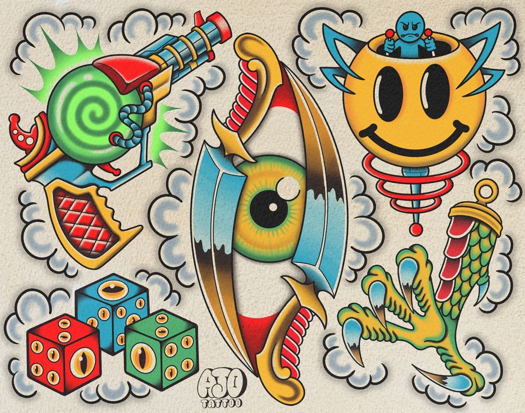Whimsical cartoon collage of toy-like faces, dice, spirals, and colorful abstract creatures on a white background