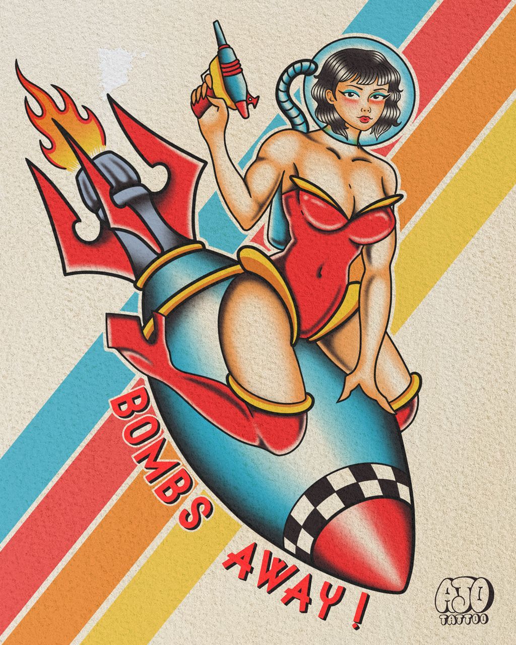 Pin-up woman riding a bomb rocket with flames, saying “BOMBS AWAY!” on a retro poster.