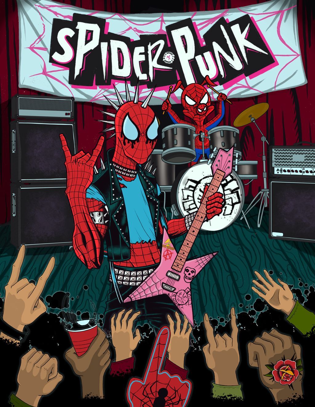 Spider-Punk concert scene with red-and-black hero on stage, pink guitar, crowd hands raised