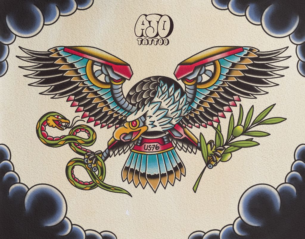 Colorful eagle tattoo design with outstretched wings, coiled snake, and olive branch on cream background