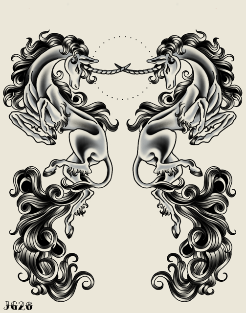 Two mirrored black-and-white horses facing each other on a cream background